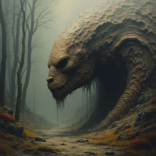 Zdzisław Beksiński,,a giant alien is standing in the middle of the forest,gravemind,rancor,skinwalker,neomordellistena,hypsodont,creature,cryptozoology,rattletrap,glaurung,bunyip,cryptids,savickas,dea