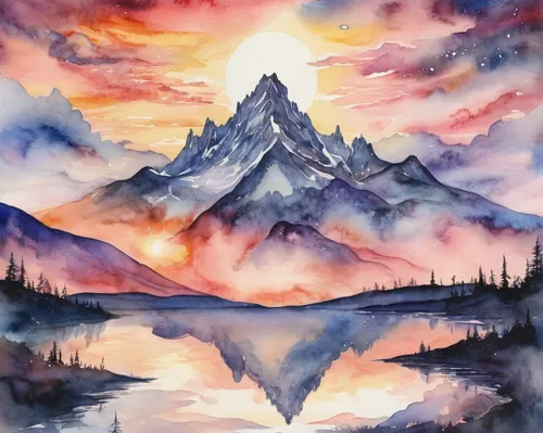 Paint a dreamy watercolor of a graphite mountain reflecting the sunset.,watercolor background,mountain sunrise,watercolor painting,watercolor,vermilion lakes,watercolor paint,alpine sunset,watercolors