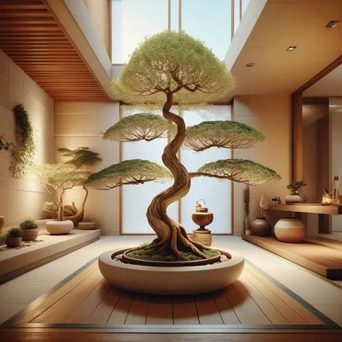 replace grey color with beige 
indoor courtyard with green bonsai and waterfall
,a large bonsai tree in a living room,bonsai tree,bonsai,the japanese tree,japanese zen garden,maple bonsai,japanese gar