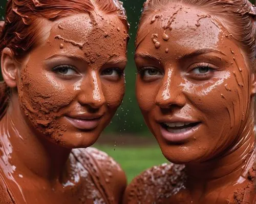 pretty bbw german girl with red hair and a chubby corian girl. they smear red clay in each other's hair. they are both sweating. they are both soaked and covered in red clay. their hair is soaked and 