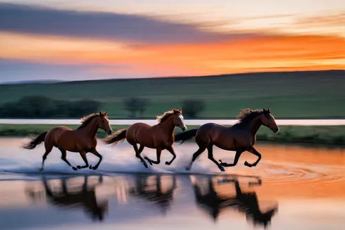 photographie flou de mouvement de chevaux galopant au bord d'un lac au crépuscule, capturant le mouvement dynamique, avec l'horizon avec des teintes bleues profondes et oranges du ciel crépuscule qui 