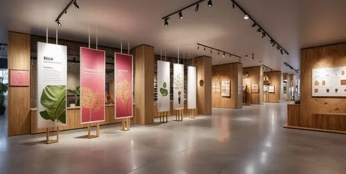 Design a beauty pop-up exhibition space with the concept of a supermarket. It has an eco-friendly zen style. the floor uses polished concrete, and the exhibition poster contains explanations about cos