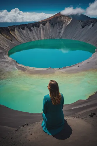 Woman staring at beautiful green-blue water of a volcanic crater lake in Ecuador,tongariro,volcanic crater,volcano pool,geysers del tatio,caldera,del tatio,mount bromo,volcanic lake,tongariro national