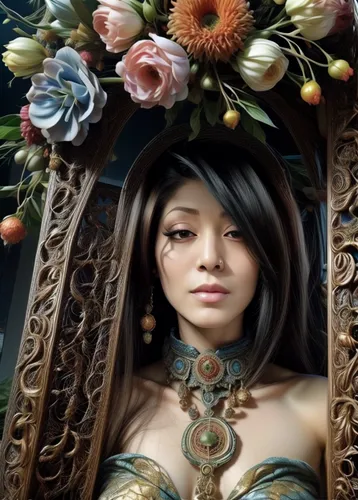 fantasy portrait,fantasy art,chinese art,doll looking in mirror,artist doll,lotus art drawing,girl in a wreath,female doll,rosa ' amber cover,painter doll,oriental princess,mystical portrait of a girl,realdoll,flower frame,custom portrait,japanese art,magic mirror,3d fantasy,asian woman,cleopatra