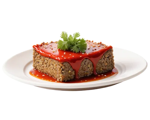 Meatloaf, savory dish, golden brown crust, juicy interior, ketchup glaze, sesame seeds on top, served on white plate, garnished with parsley, 3/4 composition, warm lighting, shallow depth of field, ap