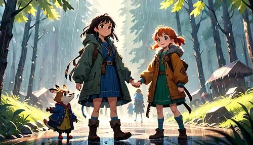 girl and boy outdoor,forest walk,flcl,happy children playing in the forest,in the forest,raincoats,Anime,Anime,Cartoon