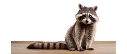 Raccoon, cute expression, bushy tail, black mask, white fur, little paws, curious eyes, sitting posture, wooden floor, warm lighting, shallow depth of field, 3/4 composition, soft focus, adorable mome