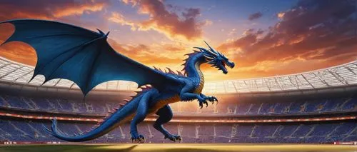 A majestic blue dragon soars gracefully over a sprawling stadium, its wings spread wide as it prepares to dissipate its wings, . The sun is setting, casting a warm orange glow over the stadium and the