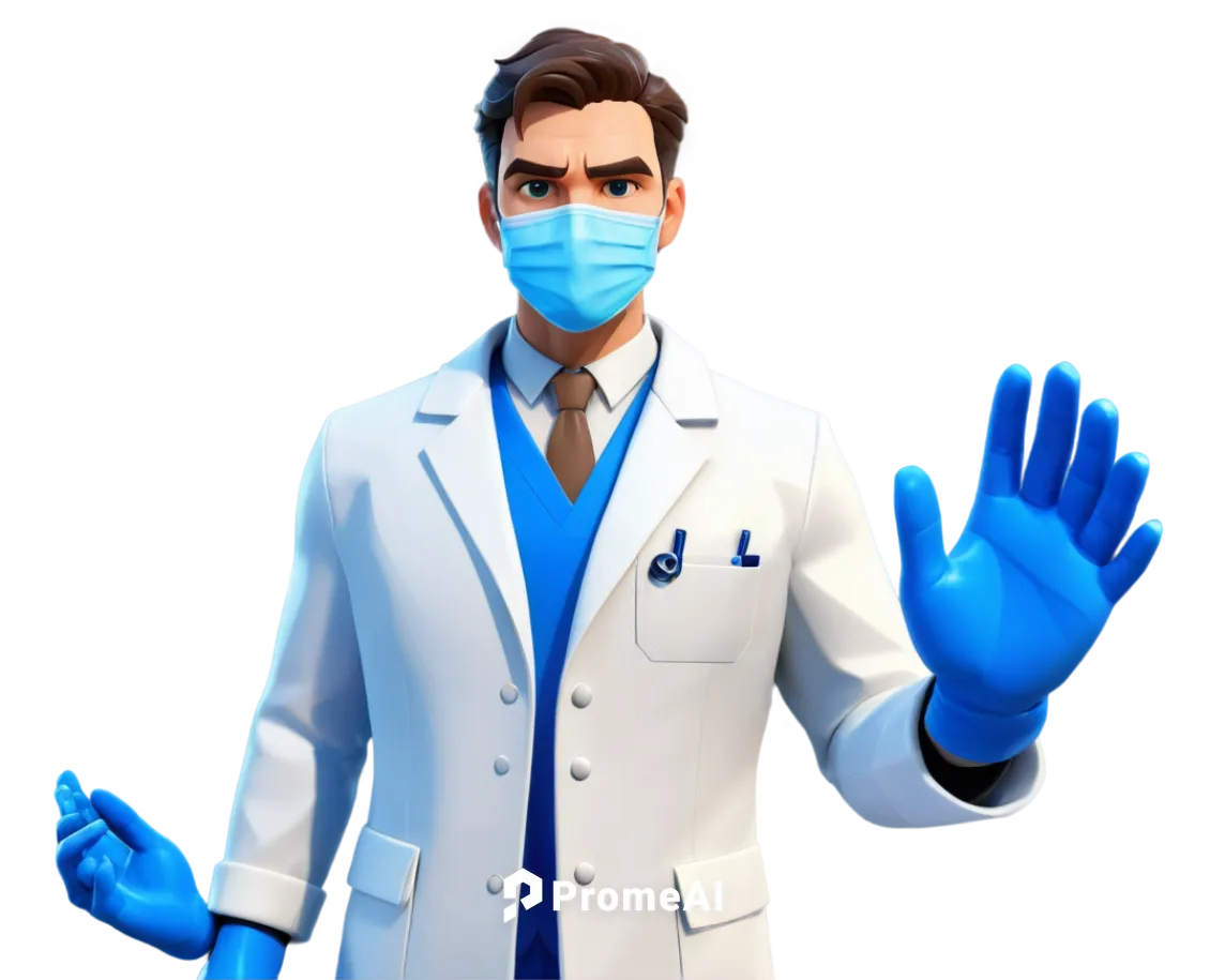 Dentist, male, 30s, white coat, stethoscope around neck, blue gloves, mask on face, serious expression, standing, professional lighting, shallow depth of field, medical equipment in background, 3/4 co