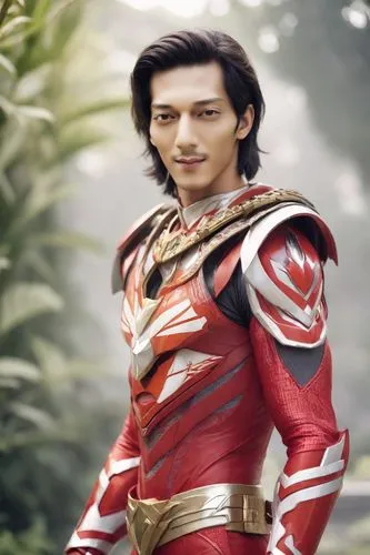 power rangers merah, background taman kota, rambut panjang di ikat, , lagi memegang helmet, sangat tampan,the man wearing a futuristic costume is standing in a tropical setting,iskandar,gaim,naomasa,y