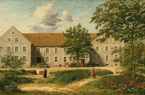 depicts the administrative building of the German monastery of St. Mary and Gertrude in old Germany.,mesdag,sedlacek,eckersberg,agricultural scene,heemskerck,hartenstein,Art sketch,Art sketch,19th Cen