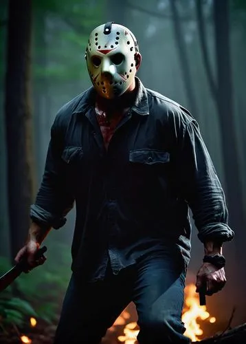 Jason Voorhees, horror character, macho male, intimidating gaze, messy brown hair, gruesome makeup, bloodstained clothes, ripped shirt, torn pants, massive build, muscular arms, holding a machete, agg