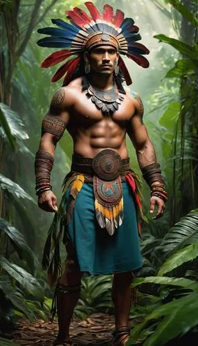 Mayan warrior, muscular man, ancient civilization, traditional headdress, feather accessories, strong facial features, bold eyes, proud expression, intricate tattoos on chest, arms, and legs, colorful