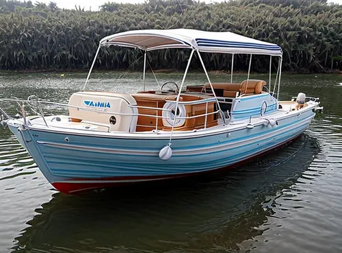 Change colors of boat to eggshell white, stripe, tent and fenders in baby blue. 
Logo application in the front: Ahama logo 

,beneteau,ferretti,bandeirante,coastal motor ship,selva marine,multihull,na