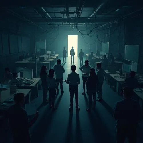 man silhouette,in the shadows,alchemax,employees,neon human resources,blur office background