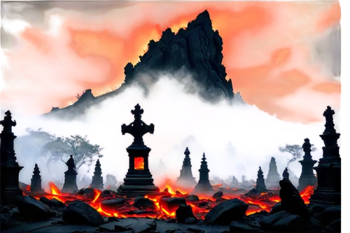 firelands,asheron,fire mountain,darklands,scorched earth,devilwood,pillar of fire,sepulcher,burning earth,northrend,old graveyard,spires,cataclysm,necropolis,sepulchre,firestorms,everquest,undermountain,graveyards,cremation,Illustration,Paper based,Paper Based 01