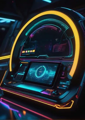 Dashboard, futuristic, high-tech, sleek design, neon lights, glowing buttons, holographic display, 3D graphics, metallic material, smooth curves, intricate details, ambient lighting, cinematic composi