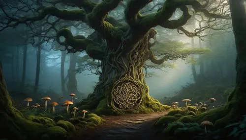 Circle of spores, Druid art, mystical atmosphere, ancient forest, twilight hour, misty fog, moss-covered trees, glowing mushrooms, soft ethereal lighting, delicate vines, intricate Celtic knotwork pat