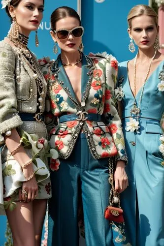 Fashion show ,three models with sunglasses on and in front of a blue wall,gabbana,moschini,moschino,cavalli,cfda,dior,Photography,General,Realistic