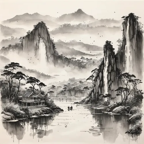 chinese art,luo han guo,wuyi,huangshan maofeng,guilin,oriental painting,huashan,river landscape,yunnan,guizhou,xing yi quan,karst landscape,zhangjiajie,mountainous landscape,tong sui,chinese background,yi sun sin,dongfang meiren,mountain landscape,oriental,Illustration,Black and White,Black and White 34