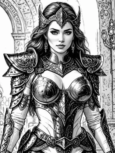 a drawing of a woman dressed as a warrior,mervat,breastplates,female warrior,krietor,kushana,yavana,Design Sketch,Design Sketch,Black and white Comic