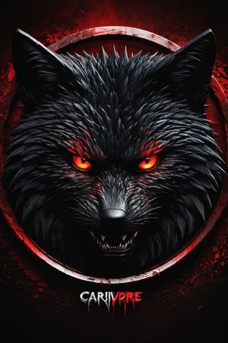 Carnivore logo, sharp teeth, blood-red eyes, black fur, menacing gaze, bold font, metallic texture, 3D embossing, circular shape, centered composition, high contrast, dramatic lighting, mysterious atm