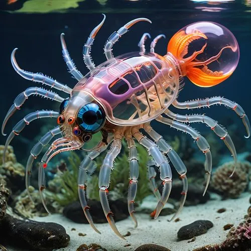 Theoretical representation of a "non-terrestrial" clear transparent bodied aquatic crustacean with multi-colored internal organs visible, with eight segmented limbs, pink and black eyeballs and a cres