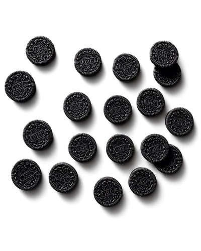 Oreo-themed wallpaper, white and black Oreo cookies, scattered on wall, 3D effect, glossy surface, bright colors, modern design, abstract composition, high-contrast lighting, shallow depth of field, o