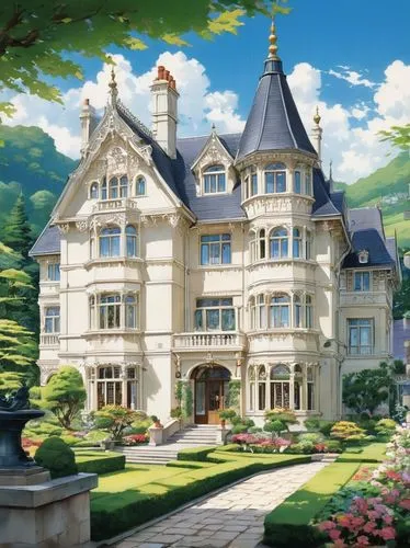 fairy tale castle,chateau,fairytale castle,ritzau,grand hotel,rouran,luxury hotel,dunrobin,grand hotel europe,miramare,manoir,dreamhouse,palladianism,castelul peles,auberge,ghibli,luxury property,castlelike,chateaux,country estate,Illustration,Japanese style,Japanese Style 04