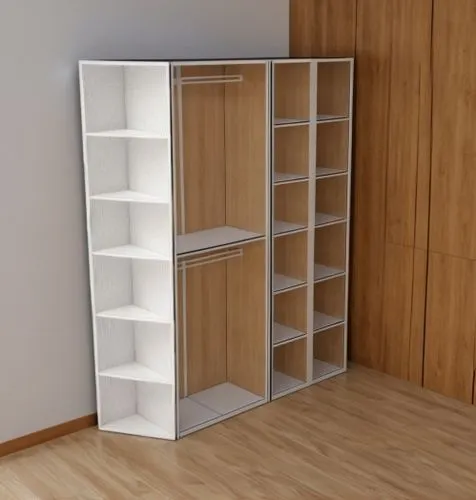 a closet with four wooden shelves and two doors,storage cabinet,shelving,bookcase,schrank,bookcases,walk-in closet,empty shelf,highboard,metal cabinet,bookshelf,shelves,cupboard,wooden shelf,newstands