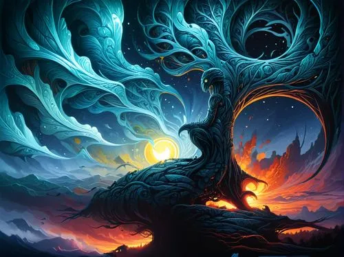 a person with long hair sitting under a tree,fire breathing dragon,tiamat,glaurung,black dragon,dragon tree,wyrm,Illustration,Realistic Fantasy,Realistic Fantasy 25