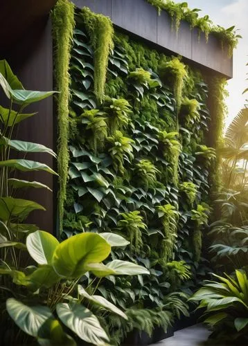 Green wall, modern architecture, luxurious villa, tropical plants, dense foliage, wooden frames, natural materials, climbing vines, vertical garden, urban oasis, warm lighting, afternoon sun, 3/4 comp