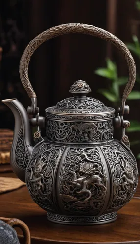 Explore the intricate details of an antique Asian teapot.,asian teapot,fragrance teapot,pu'er tea,da hong pao,pu-erh tea,tea pot,china pot,vintage teapot,dianhong tea,vietnamese lotus tea,japanese tea