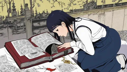 Create a suspenseful plot twist where Hinata discovers a hidden treasure map in her deceased grandfather's diary.,girl studying,newspaper reading,typesetting,bookworm,reading the newspaper,azusa nakan