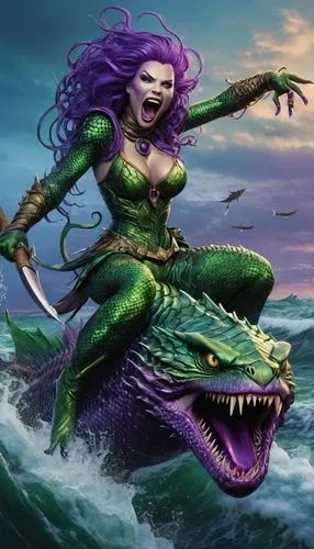 crocodile woman,green mermaid scale,scylla,merfolk,medusa gorgon,sea monsters,Illustration,American Style,American Style 01