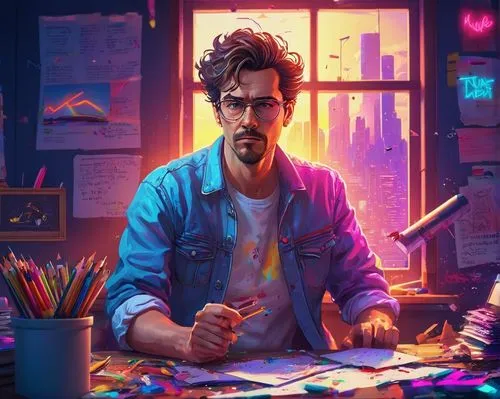 man with a computer,cg artwork,tutor,sci fiction illustration,cyberpunk,artist portrait,game illustration,game art,illustrator,world digital painting,painting technique,night administrator,art background,80's design,artist,academic,table artist,study room,portrait background,author,Conceptual Art,Sci-Fi,Sci-Fi 27