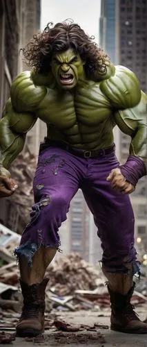 Muscular green-skinned male, Hulk, intense facial expression, sharp teeth, long curly brown hair flowing down his back, ripped purple pants, massive chest, bulging biceps, flexing muscles, dynamic pos