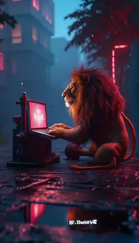 camera close-in slowly, 4k high definition video,a lion with its front paws on a computer,lionnet,kovu,iraklion,kion,lionni,skeezy lion