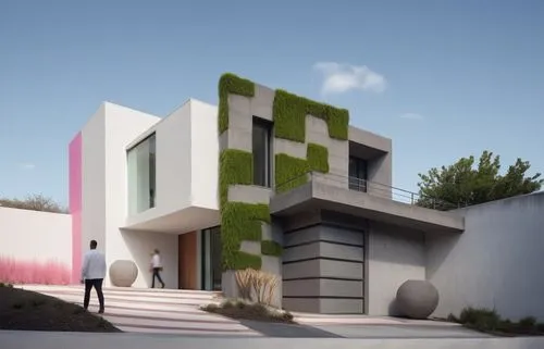 DISEÑO DE UNA CASA ESTILO MEXICANO MODERNO, CON FUSION DE LA ARQUITECTURA MINIMALISTA, USO PREDOMINANTE DEL COLOR BLANCO CON UN MURO EN COLOR ROSA MEXICANO, VEGETACIÓN EXUBERANTE, PERSONAS, EXCELENTE 