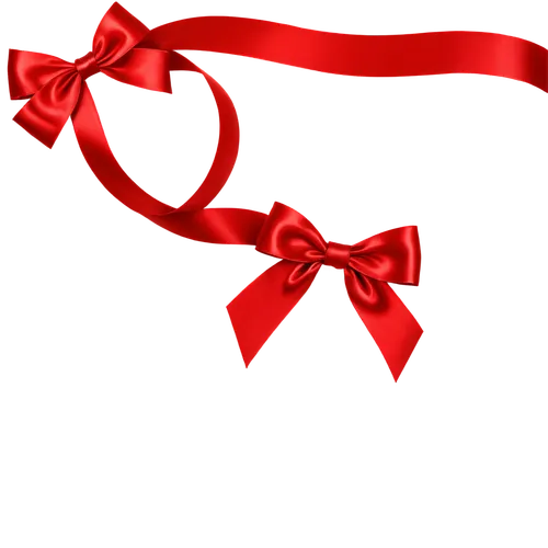 Red satin ribbon tied in a bow, delicate texture, shiny surface, subtle shadows, solo, central composition, soft focus, warm lighting, PNG with transparent background.,christmas ribbon,gift ribbon,hol