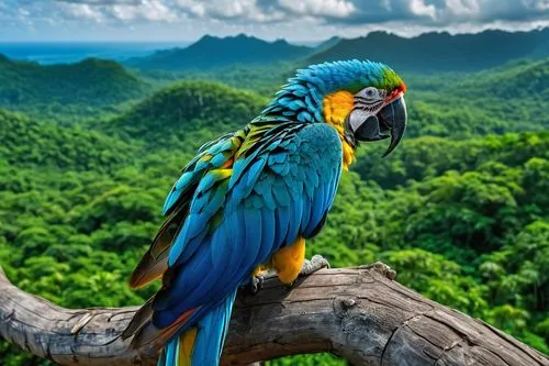 LUSH BLUE MACAW looking at the horizon, jungle scenery, high definition, ultra realistic,a large parrot sitting on top of a tree nch,blue and gold macaw,beautiful macaw,blue macaw,blue and yellow maca