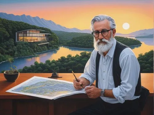 Montgomery Roth, modern minimalist architect, standing, bespectacled, grey hair, beard, white shirt, dark trousers, holding blueprints, pencil in hand, designing, luxurious villa, glass walls, wooden 