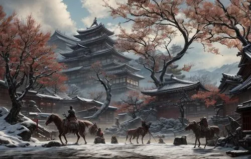 korean village snow,winter festival,tsukemono,japan landscape,japanese art,winter landscape,oriental painting,chinese art,winter background,winter village,snow scene,chinese temple,nara park,kyoto,chr