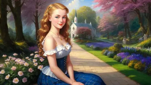 cinderella,fairy tale character,fantasy picture,duchesse,leighton,girl in the garden,rapunzel,dorthy,belle,art painting,cendrillon,girl in flowers,photo painting,principessa,world digital painting,landscape background,emile vernon,springtime background,dossi,celtic woman