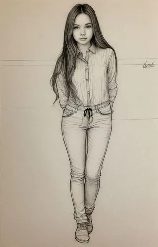 1girl, full body, solo, long hair, line art, sideways,pencil drawing,pencil and paper,girl drawing,graphite,fashion illustration,vintage drawing,pencil drawings,pencil frame,lotus art drawing,line dra