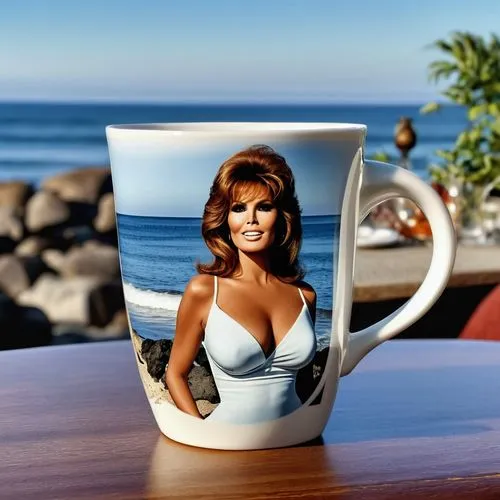 A classic coffee mug made from porcelain with Raquel Welch on the side. It sits on a dining room table by the sea on a beautiful morning when the sun is shining.,mug,coffee mug,cup of coffee,cups of c