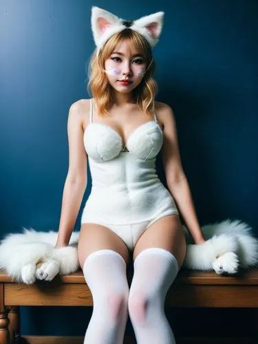 The girl with the cat ears and cat legs, whose entire skin is made of fluffy white cat fur.,woman in white lingerie sitting on a wooden bench,thongsuk,white cat,white bunny,neko,korin,doll cat