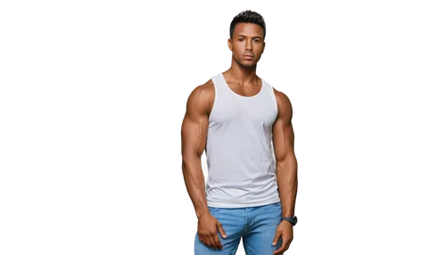 A muscular man, 30yo, phlebitis, right arm, flexed bicep, veins bulging, dark skin tone, short hair, no glasses, serious facial expression, white sleeveless shirt, blue denim pants, standing, 3/4 comp