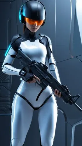 a cyborg operative, holding a rifle, female,a woman with an automatic gun in a white uniform,spaceguard,cyberpatrol,cybersmith,cyberathlete,femforce,cyberangels,cyberdog,timecop,fembot,meka,kosmea,vec