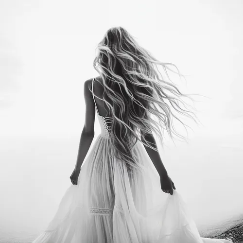 Extender y completar la imagen,girl in a long dress from the back,woman silhouette,the wind from the sea,wind wave,mermaid silhouette,girl in a long dress,girl walking away,celtic woman,dance silhouet